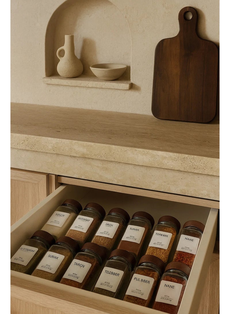 Kitchen Life 12-Piece Square Glass Spice Jar Set with Acacia Lids / 56 Labels Included as a Gift / 12-Piece Spice Jar Set Made in Turkey - Image 4